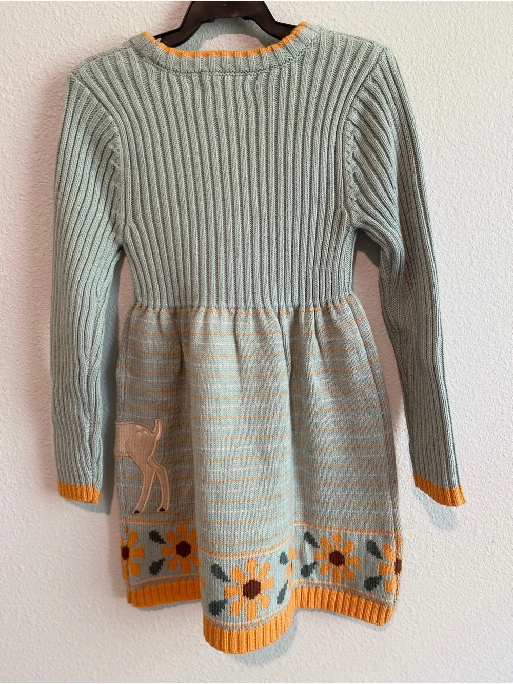 Cynthia Rowley Mint Knit Sweater Dress with Yellow Trim & Deer Applique